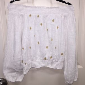 Off the shoulder white and gold top